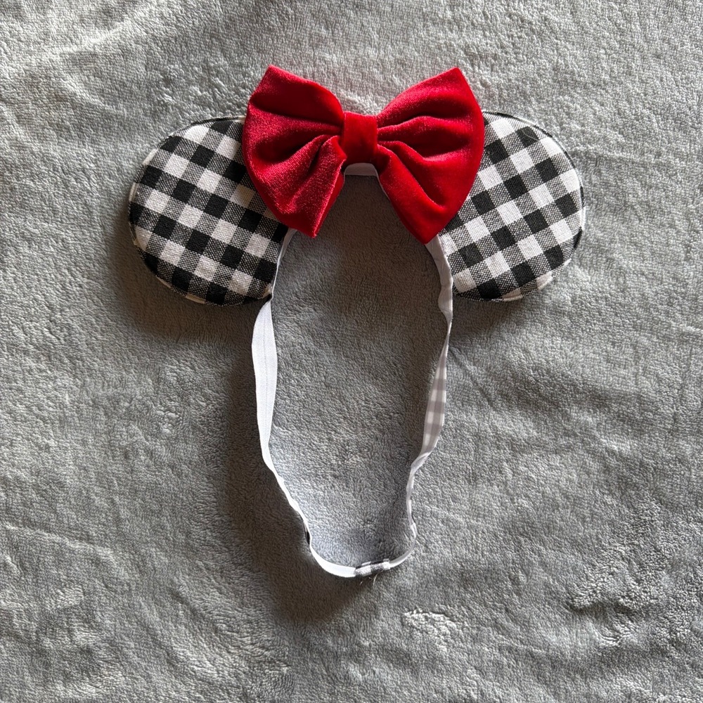 Black White Gingham Mouse Ears Headband Red Velvet Bow Disney Parks Style - I238
